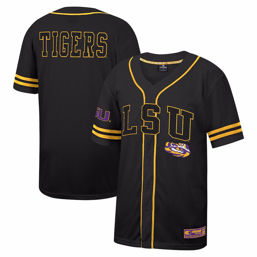 Men's Colosseum Black LSU Tigers Free Spirited Mesh Button-Up Baseball Jersey - Puhuasuan