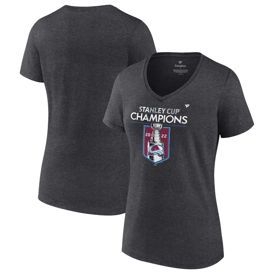 Women's Colorado Avalanche Fanatics Heathered Charcoal 2022 Stanley Cup Champions Locker Room V-Neck T-Shirt - Puhuasuan