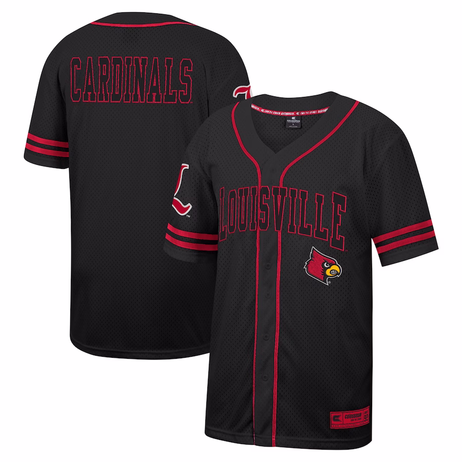 Louisville Cardinals Colosseum Free Spirited Mesh Button-Up Baseball Jersey - Black - Puhuasuan