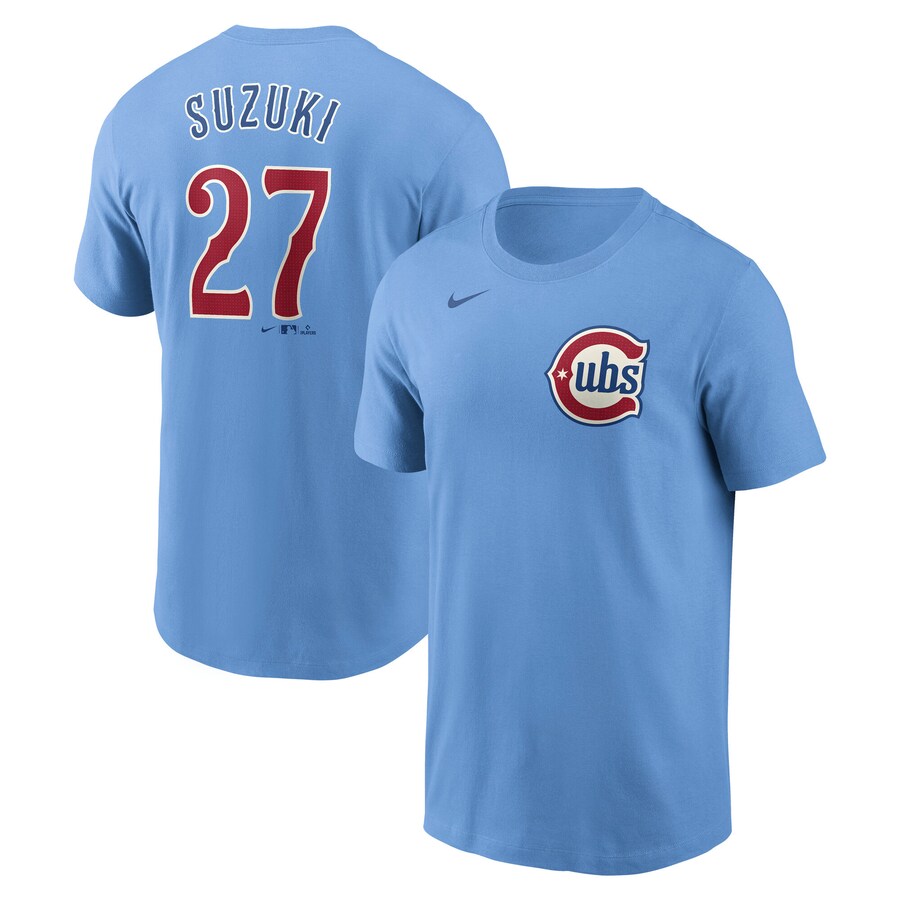 Men's Chicago Cubs Seiya Suzuki Nike Baby Blue Fuse Name & Number T-Shirt - Puhuasuan
