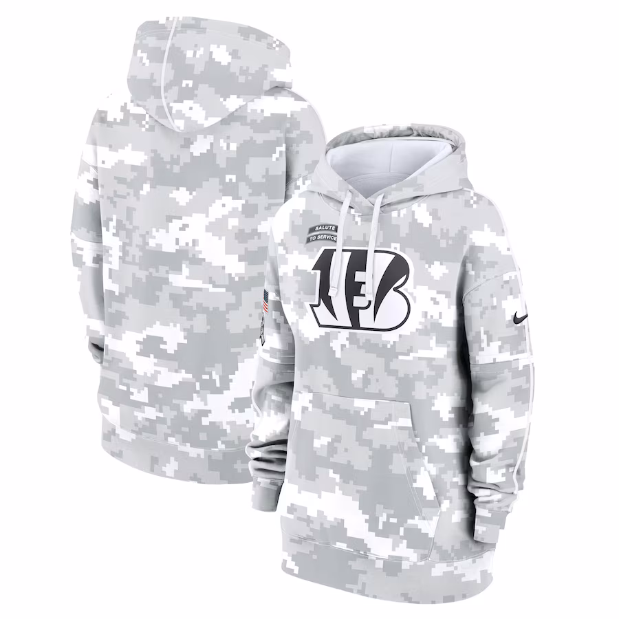 Women's Cincinnati Bengals Nike Arctic Camo 2024 Salute To Service Club Fleece Pullover Hoodie - Puhuasuan
