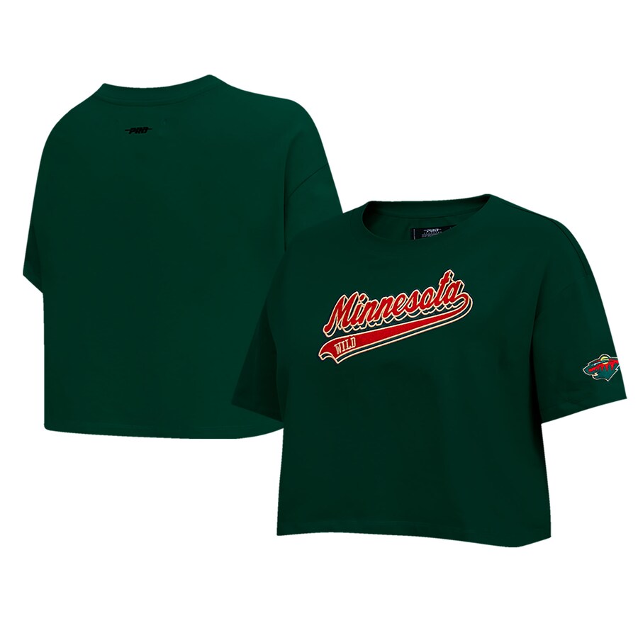 Women's Minnesota Wild Pro Standard Green Boxy Script Tail Cropped T-Shirt - Puhuasuan