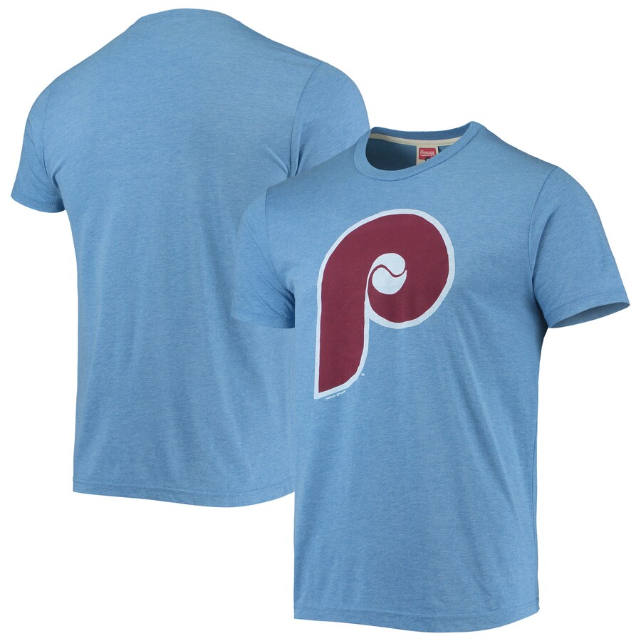 Men's Philadelphia Phillies Homage Light Blue Hand-Drawn Logo Tri-Blend T-Shirt - Puhuasuan