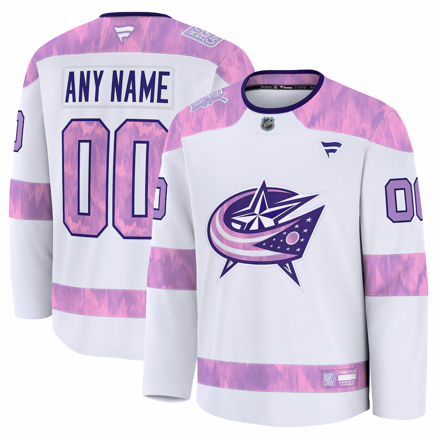 Men's Columbus Blue Jackets Fanatics White 2024 Hockey Fights Cancer Custom Practice Jersey - Puhuasuan