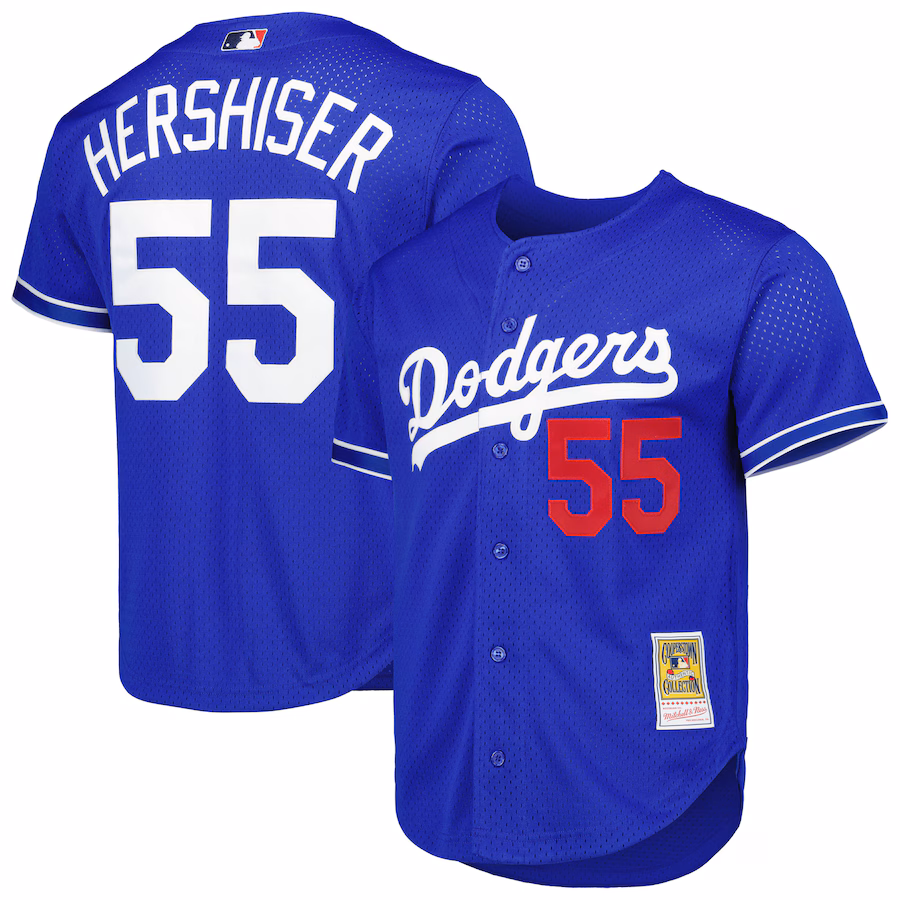 Men's Los Angeles Dodgers Orel Hershiser Mitchell & Ness Royal Cooperstown Collection Mesh Batting Practice Button-Up Jersey - Puhuasuan