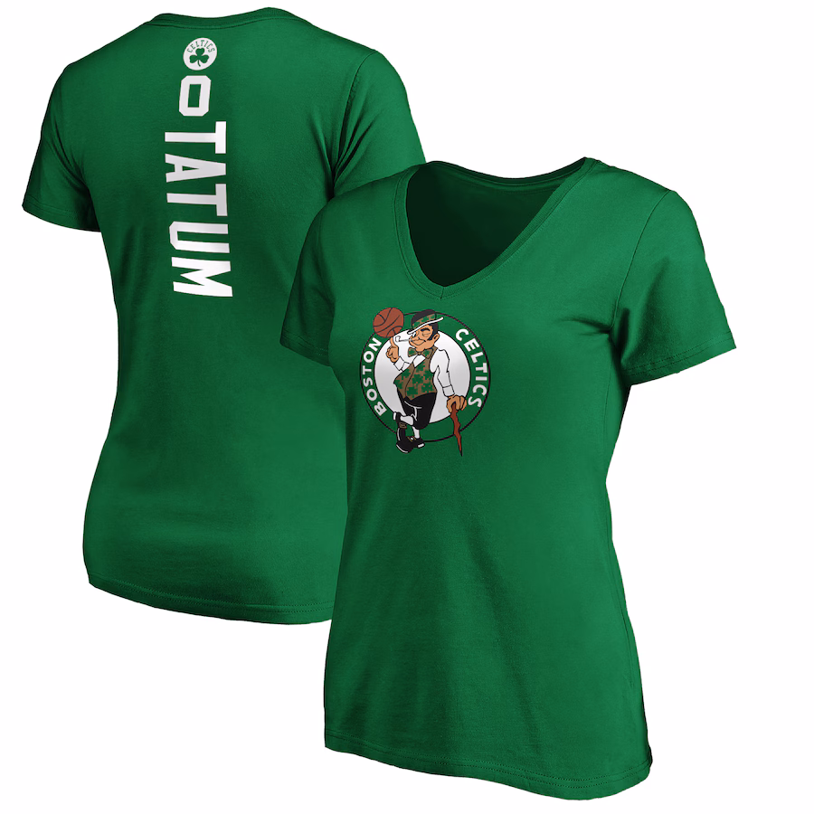 Women's Boston Celtics Jayson Tatum Kelly Green Playmaker Name & Number V-Neck T-Shirt - Puhuasuan