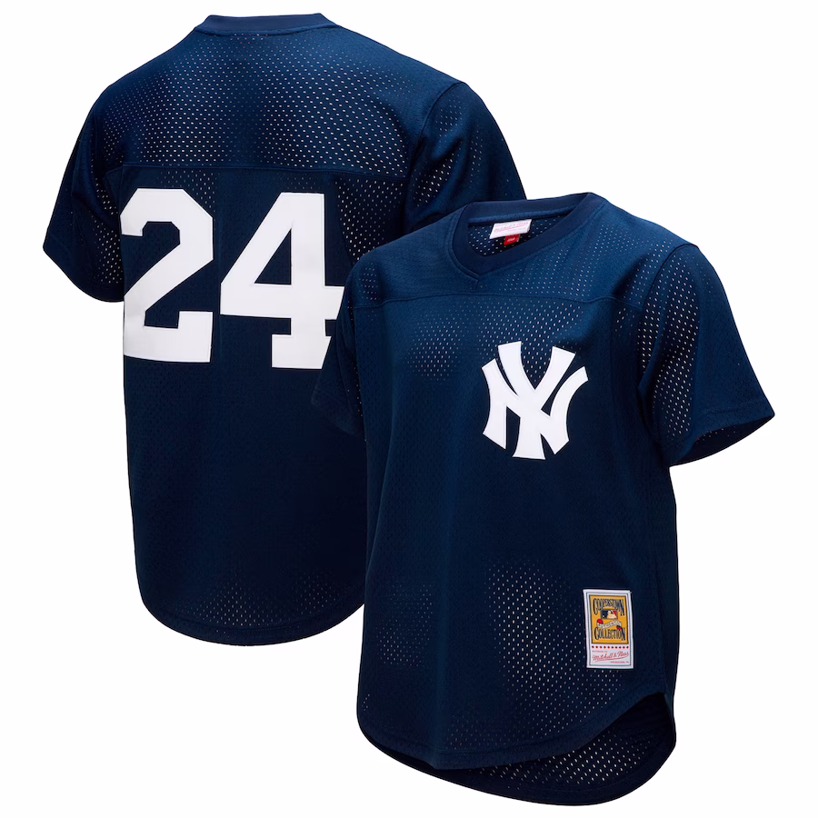 Men's New York Yankees Rickey Henderson Mitchell & Ness Navy Cooperstown Collection Mesh Batting Practice Button-Up Jersey - Puhuasuan