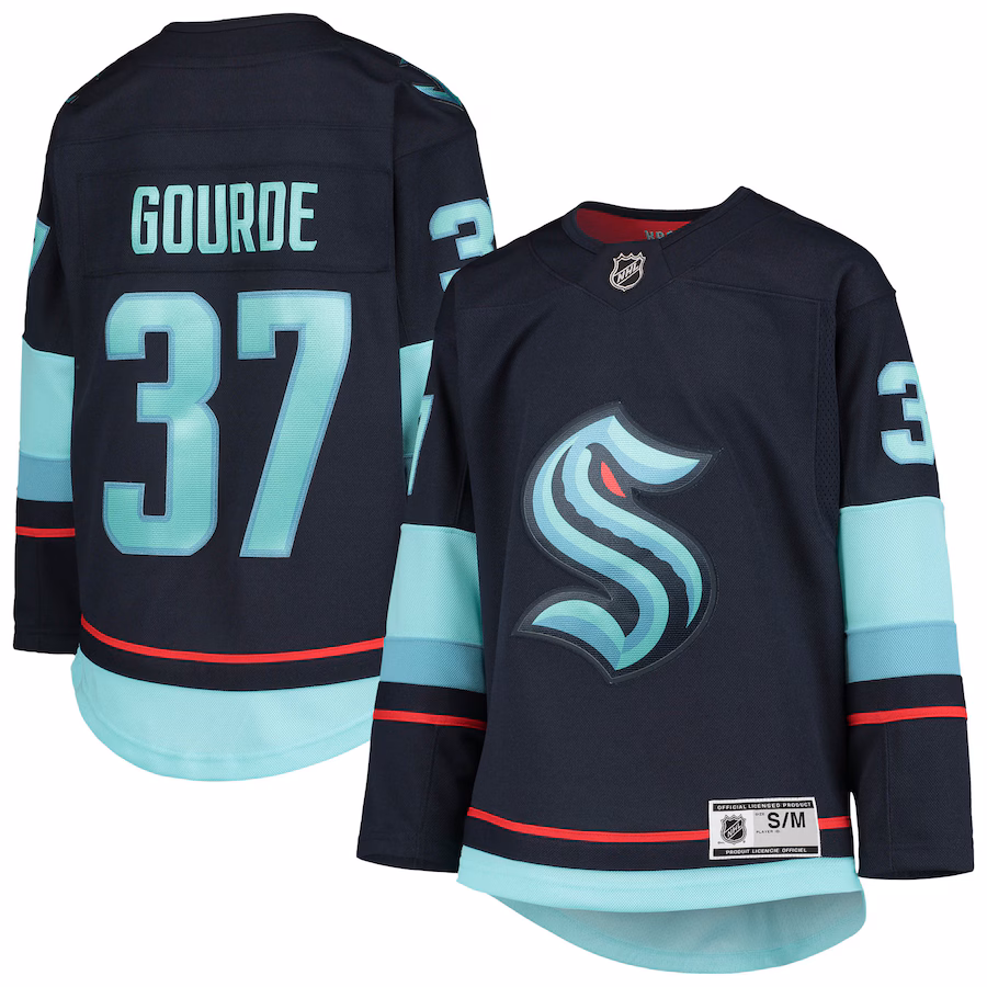Youth Seattle Kraken Yanni Gourde Deep Sea Blue Home Premier Player Jersey - Puhuasuan