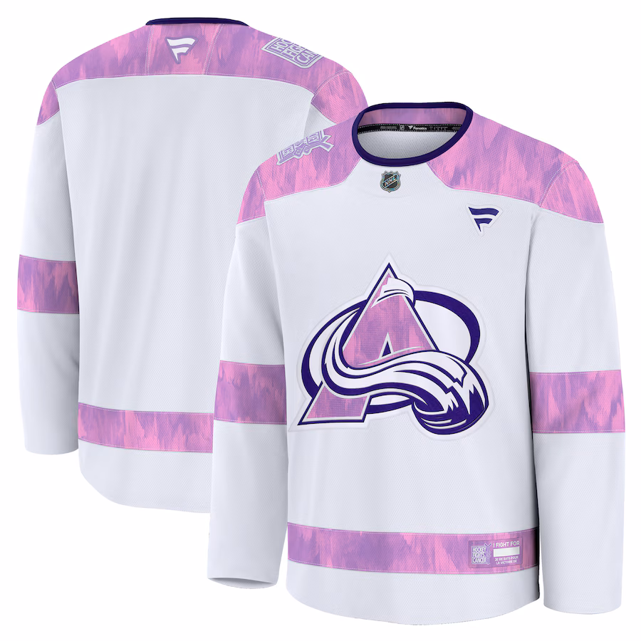 Men's Colorado Avalanche Fanatics White 2024 Hockey Fights Cancer Practice Jersey - Puhuasuan