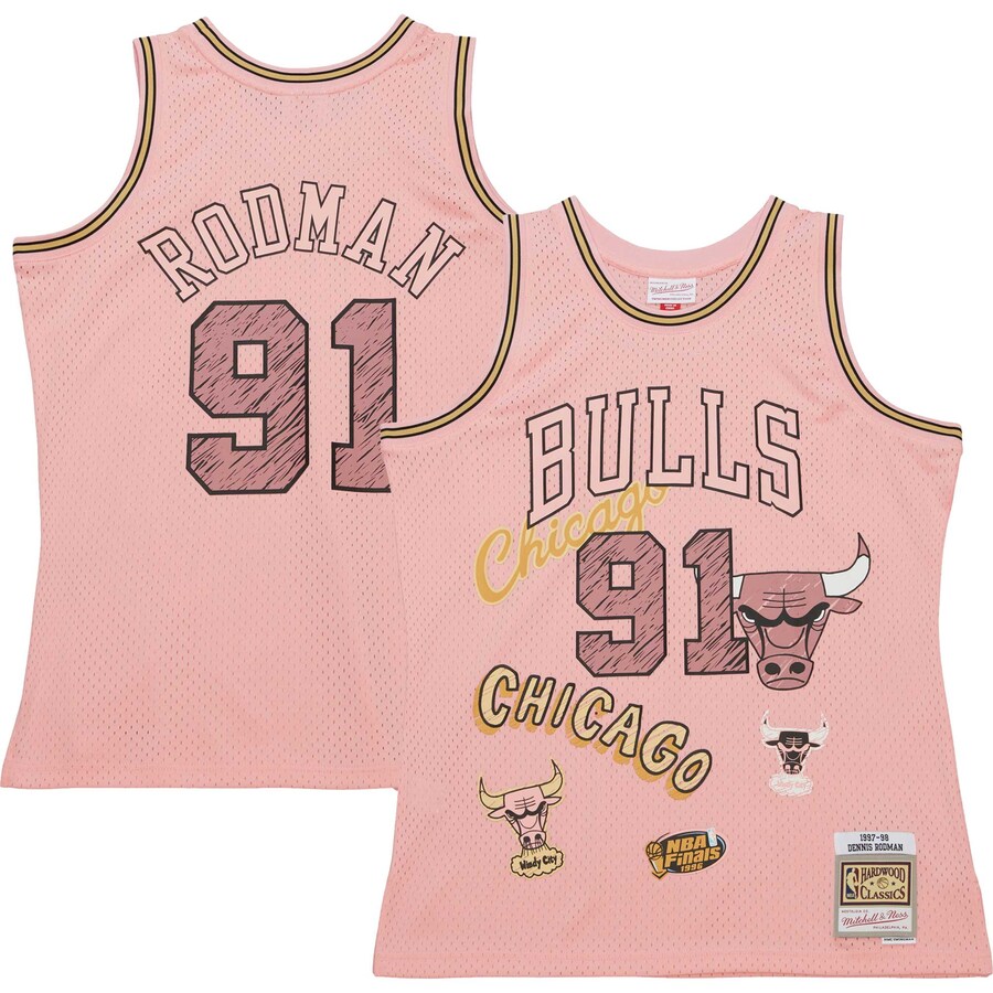 Men's Chicago Bulls Dennis Rodman Mitchell & Ness Pink 1997/98 Swingman Sidewalk Sketch Jersey - Puhuasuan