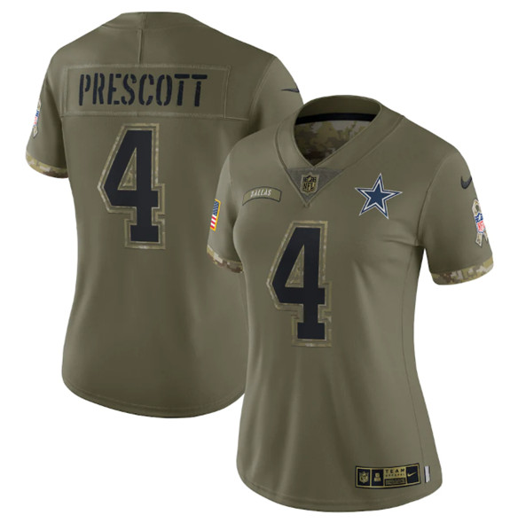 Women's Dallas Cowboys #4 Dak Prescott 2022 Olive Salute To Service Limited Stitched Jersey(Run Small) - Puhuasuan