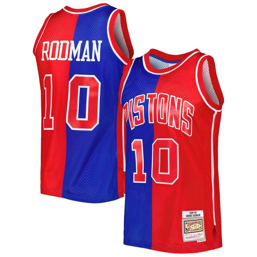 Men's Detroit Pistons Dennis Rodman Mitchell & Ness Blue/Red Hardwood Classics 1988/89 Split Swingman Jersey - Puhuasuan