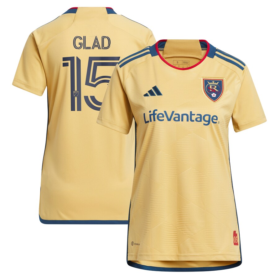 Women's Real Salt Lake Justen Glad adidas Gold 2023 The Beehive State Kit Replica Player Jersey - Puhuasuan