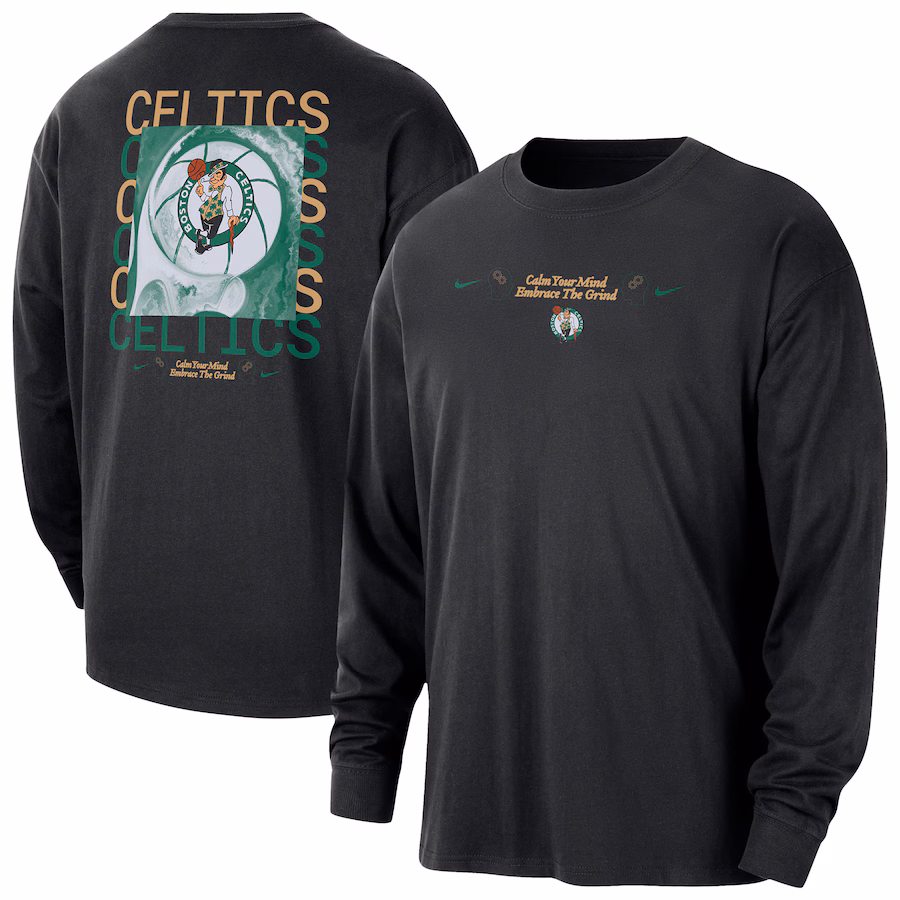 Men's Boston Celtics Nike Black Courtside Oversized Long Sleeve T-Shirt - Puhuasuan