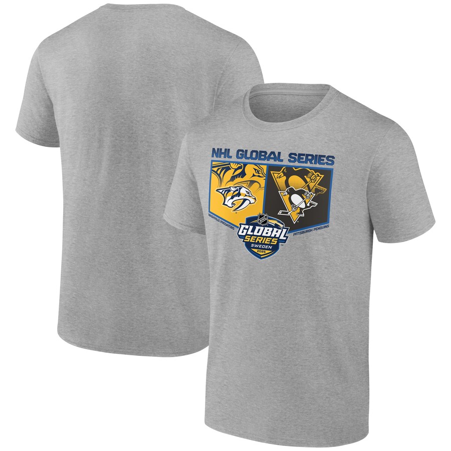 Men's Pittsburgh Penguins vs. Nashville Predators Heather Gray 2025 Global Series T-Shirt - Puhuasuan