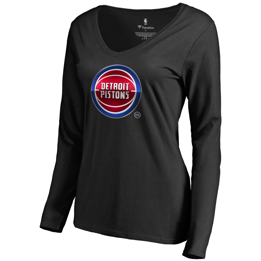 Women's Detroit Pistons Black Midnight Mascot Long Sleeve V-Neck T-Shirt - Puhuasuan