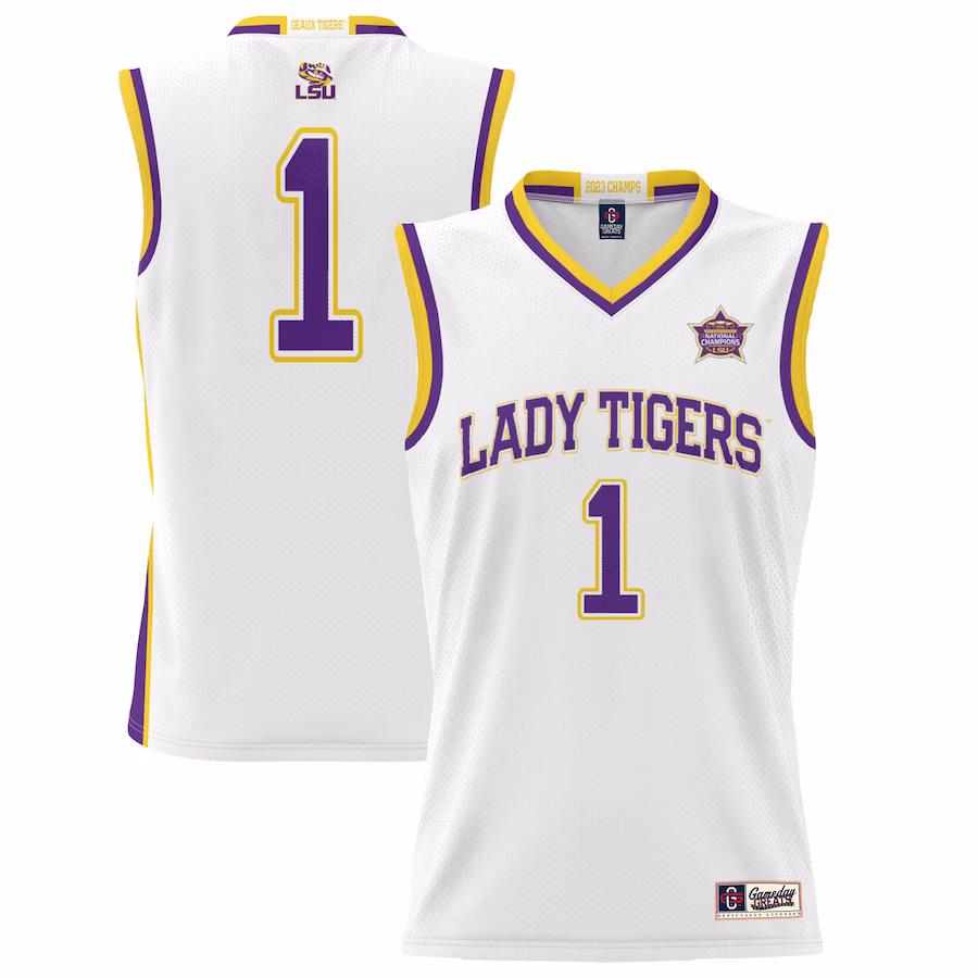 LSU Tigers GameDay Greats 2023 NCAA Women's Basketball National Champions Lightweight Basketball Jersey - White - Puhuasuan