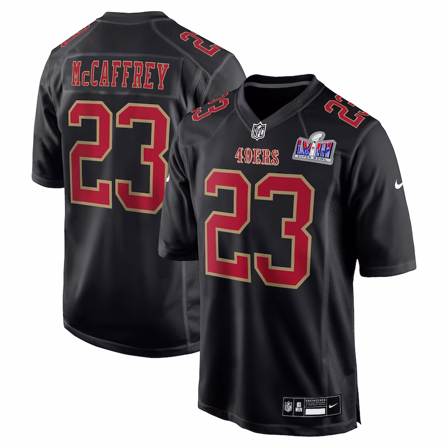 Men's San Francisco 49ers Christian McCaffrey Nike Black Super Bowl LVIII Carbon Fashion Game Player Jersey - Puhuasuan