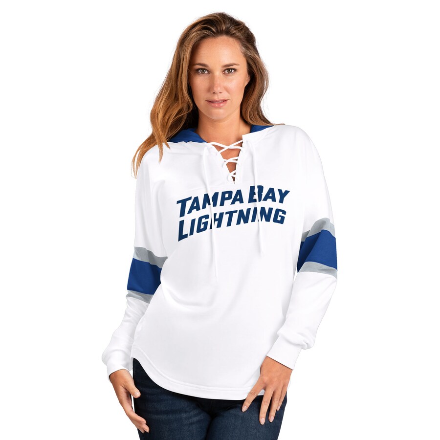 Women's Tampa Bay Lightning G-III 4Her by Carl Banks White/Blue Goal Zone Long Sleeve Lace-Up Hoodie T-Shirt - Puhuasuan