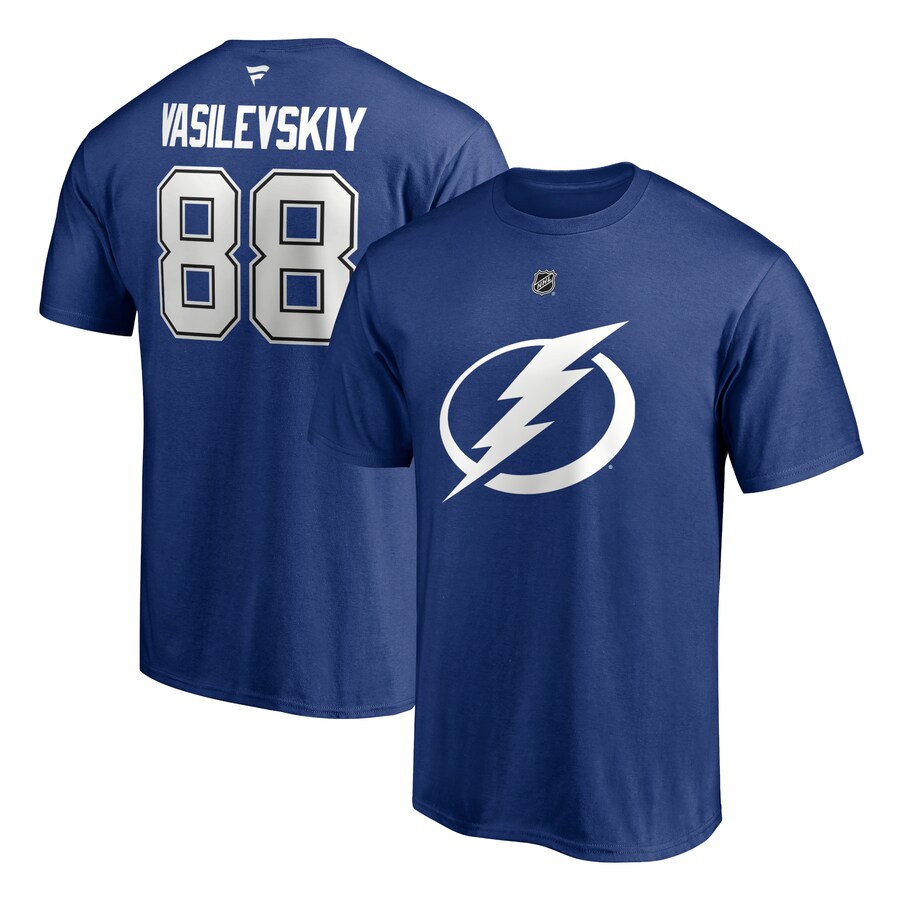 Men's Tampa Bay Lightning Andrei Vasilevskiy Fanatics Blue Authentic Stack Name & Number T-Shirt - Puhuasuan