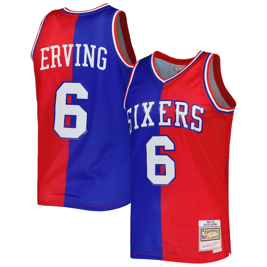 Men's Philadelphia 76ers Julius Erving Mitchell & Ness Royal/Red Hardwood Classics 1982/83 Split Swingman Jersey - Puhuasuan