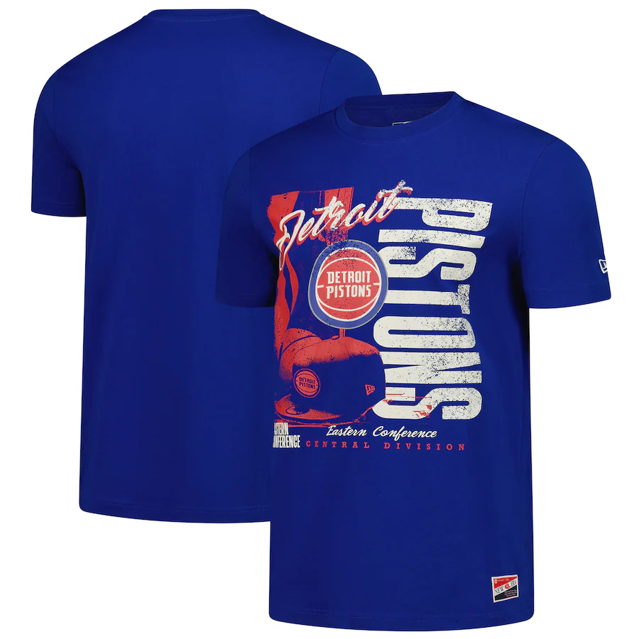 Men's Detroit Pistons  New Era Blue Distressed Throwback Vintage Color Pack T-Shirt - Puhuasuan