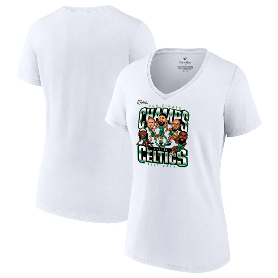 Women's Boston Celtics Fanatics White 2024 NBA Finals Champions Pull Up Jumper Caricature V-Neck T-Shirt - Puhuasuan