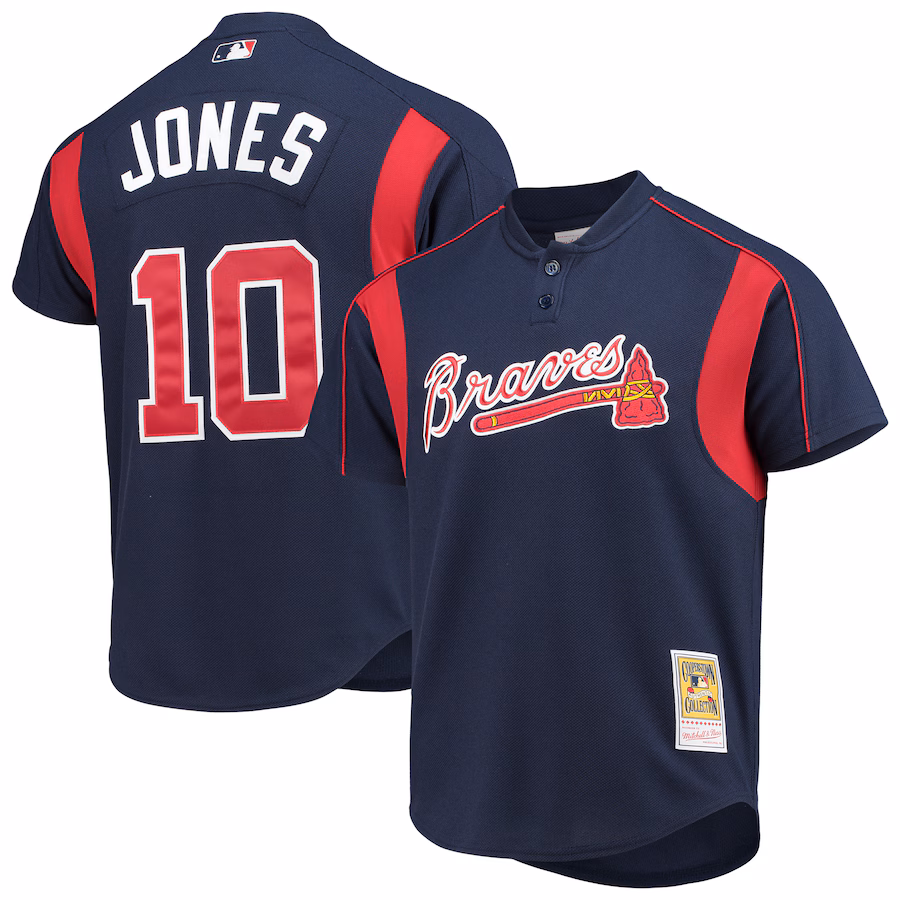 Men's Atlanta Braves Chipper Jones Mitchell & Ness Navy Cooperstown Collection Mesh Batting Practice Button-Up Jersey - Puhuasuan