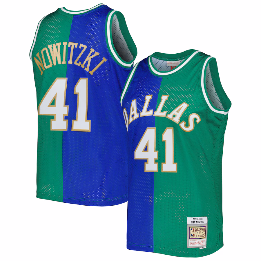Men's Dallas Mavericks Dirk Nowitzki Mitchell & Ness Blue/Green Hardwood Classics 1998/2019 Split Swingman Jersey - Puhuasuan