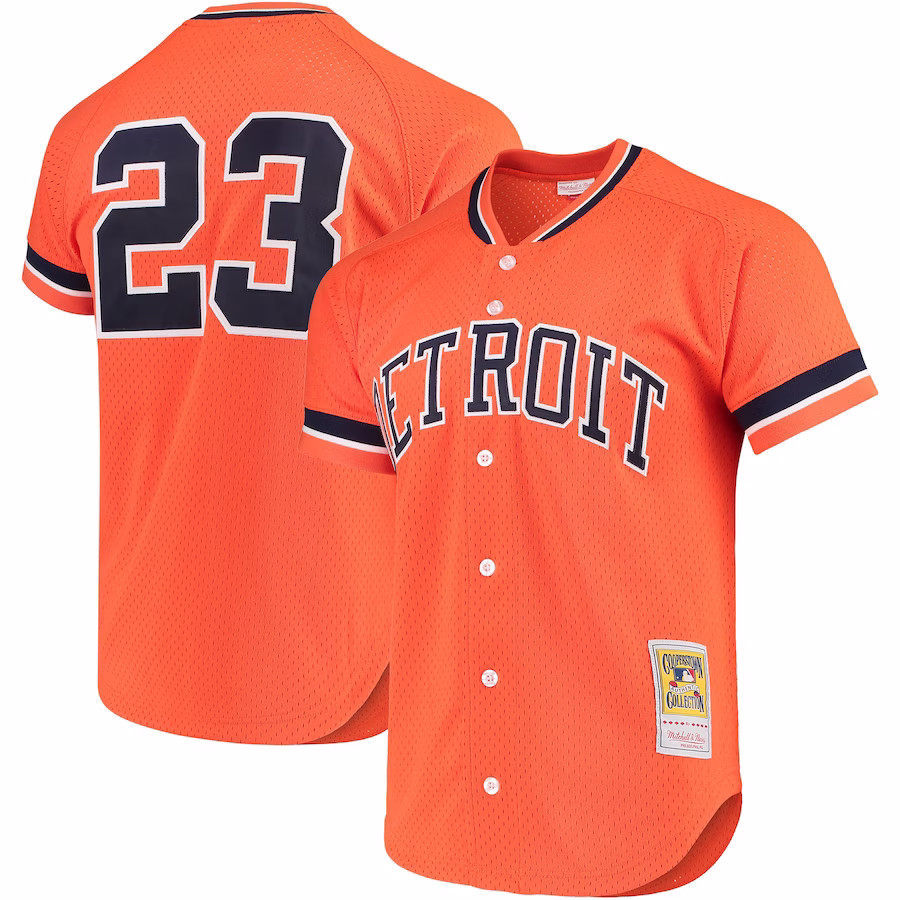 Men's Detroit Tigers Kirk Gibson Mitchell & Ness Orange Cooperstown Collection Mesh Batting Practice Button-Up Jersey - Puhuasuan