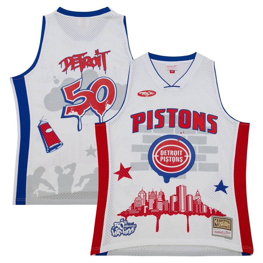 Men's Detroit Pistons Mitchell & Ness x Tats Cru White Hardwood Classics Fashion Jersey - Puhuasuan