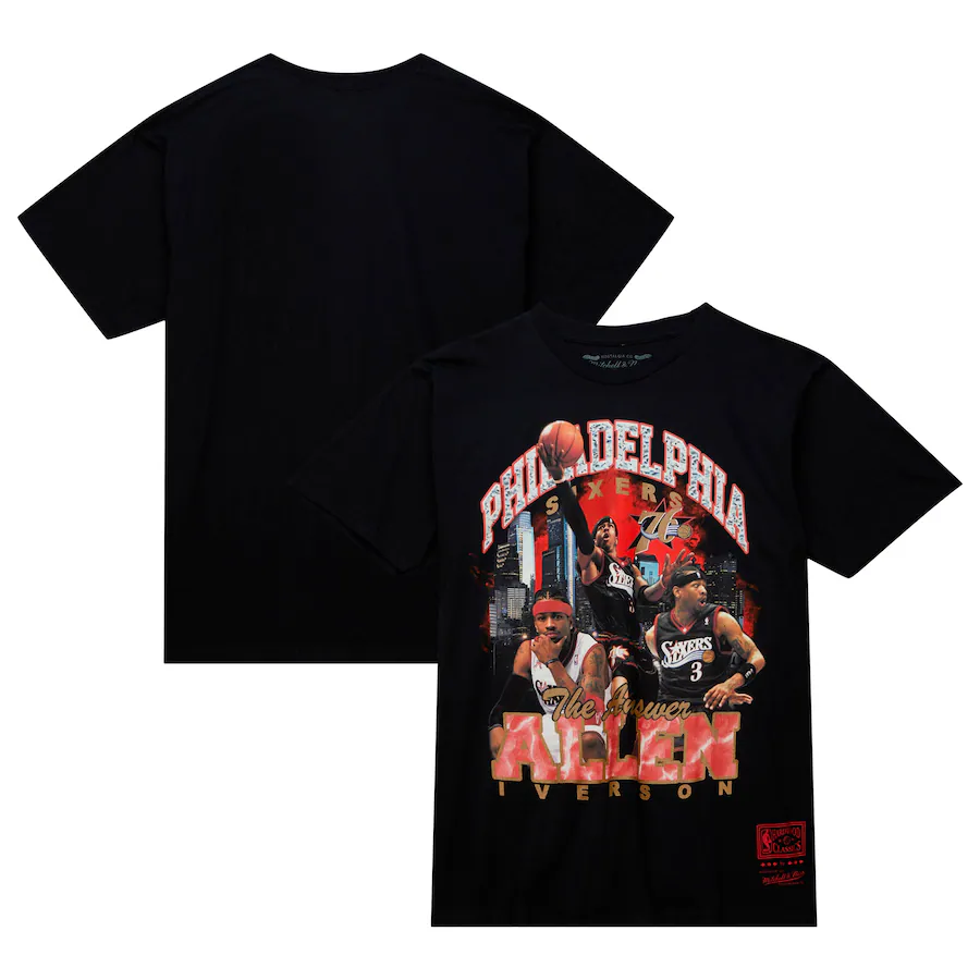 Men's Philadelphia 76ers Allen Iverson Mitchell & Ness Black Hardwood Classics Bling Concert Player T-Shirt - Puhuasuan