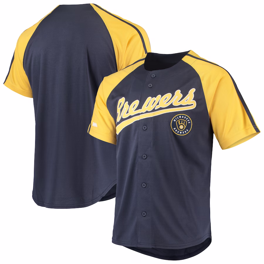Men's Milwaukee Brewers Stitches Navy Button-Down Raglan Replica Jersey - Puhuasuan