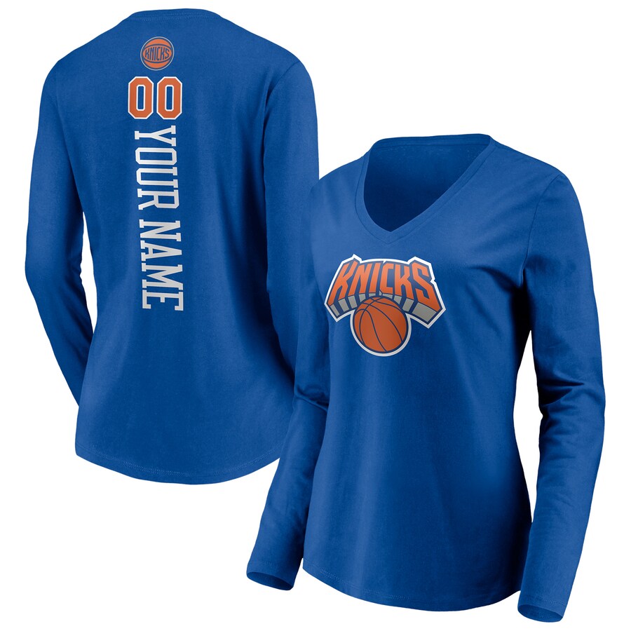 Women's New York Knicks Blue Playmaker Personalized Name & Number Long Sleeve V-Neck T-Shirt - Puhuasuan