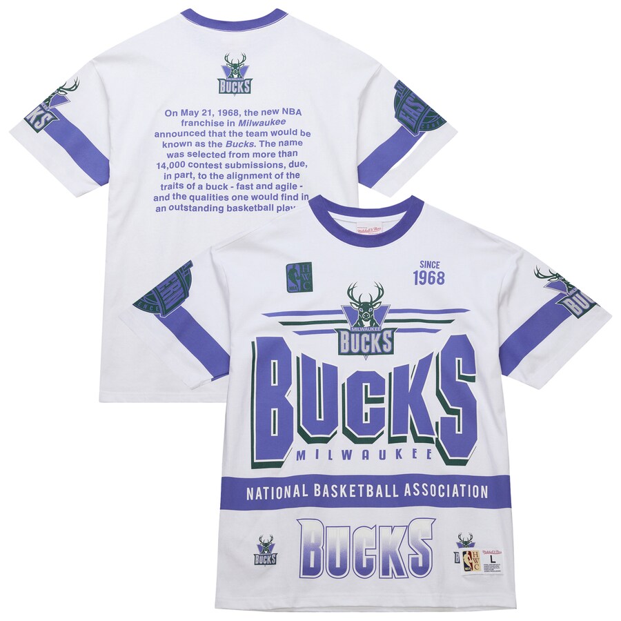 Unisex Milwaukee Bucks  Mitchell & Ness White Hardwood Classics Vintage Team Origins Premium T-Shirt - Puhuasuan