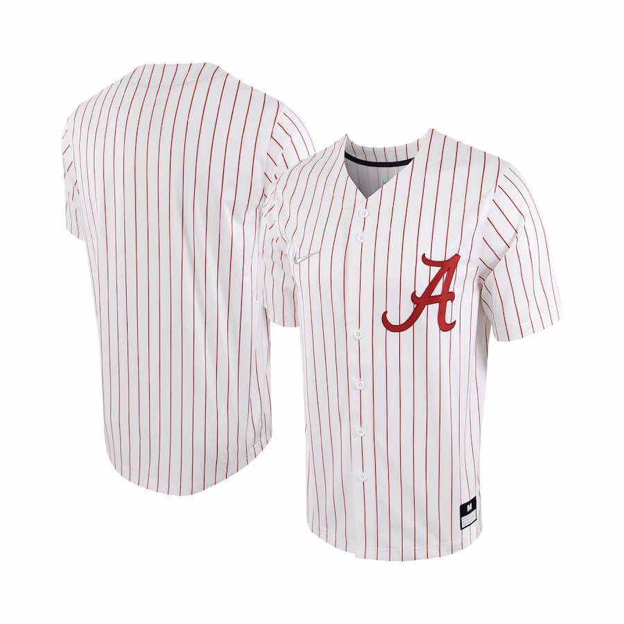 Men's Nike White/Crimson Alabama Crimson Tide Pinstripe Replica Full-Button Baseball Jersey - Puhuasuan