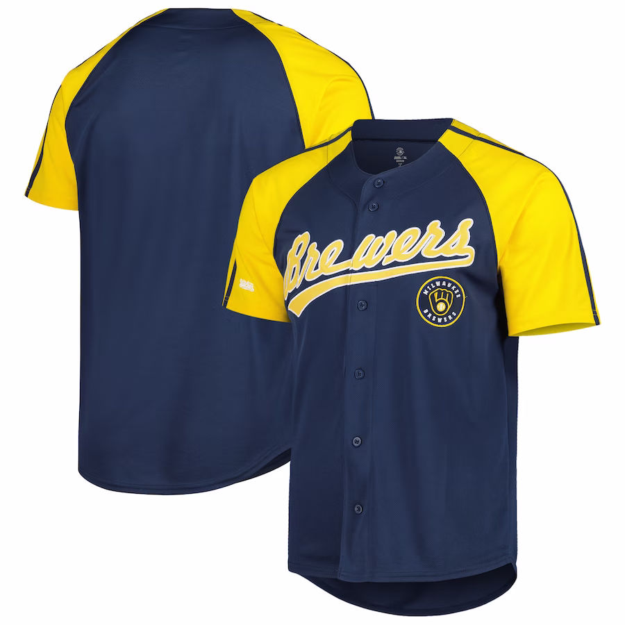 Men's Milwaukee Brewers Stitches Navy Button-Down Raglan Fashion Jersey - Puhuasuan