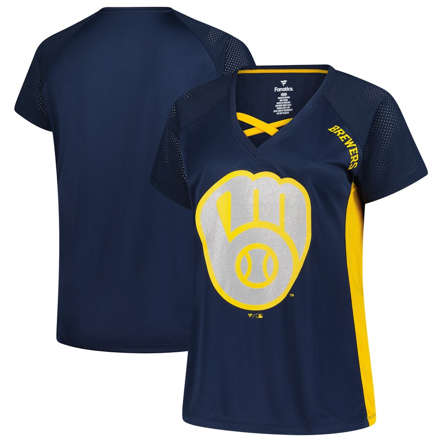 Women's Milwaukee Brewers Profile Navy Glitter Raglan V-Neck T-Shirt - Puhuasuan