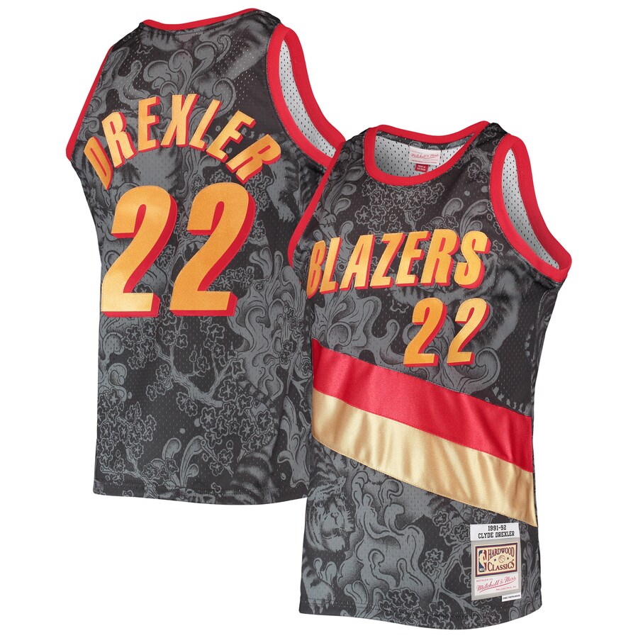 Men's Portland Trail Blazers Clyde Drexler Mitchell & Ness Black Hardwood Classics 1991/92 Lunar New Year Swingman Jersey - Puhuasuan