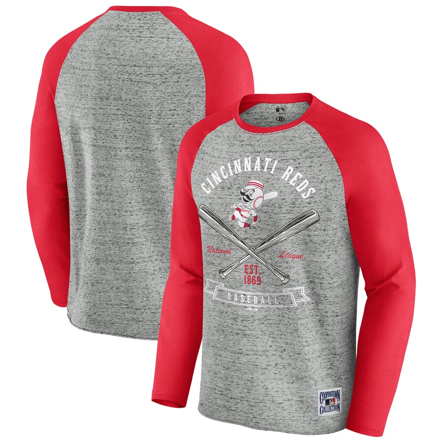 Men's Cincinnati Reds Darius Rucker Collection by Fanatics Heather Gray Raw Edge Raglan Long Sleeve Baseball T-Shirt - Puhuasuan