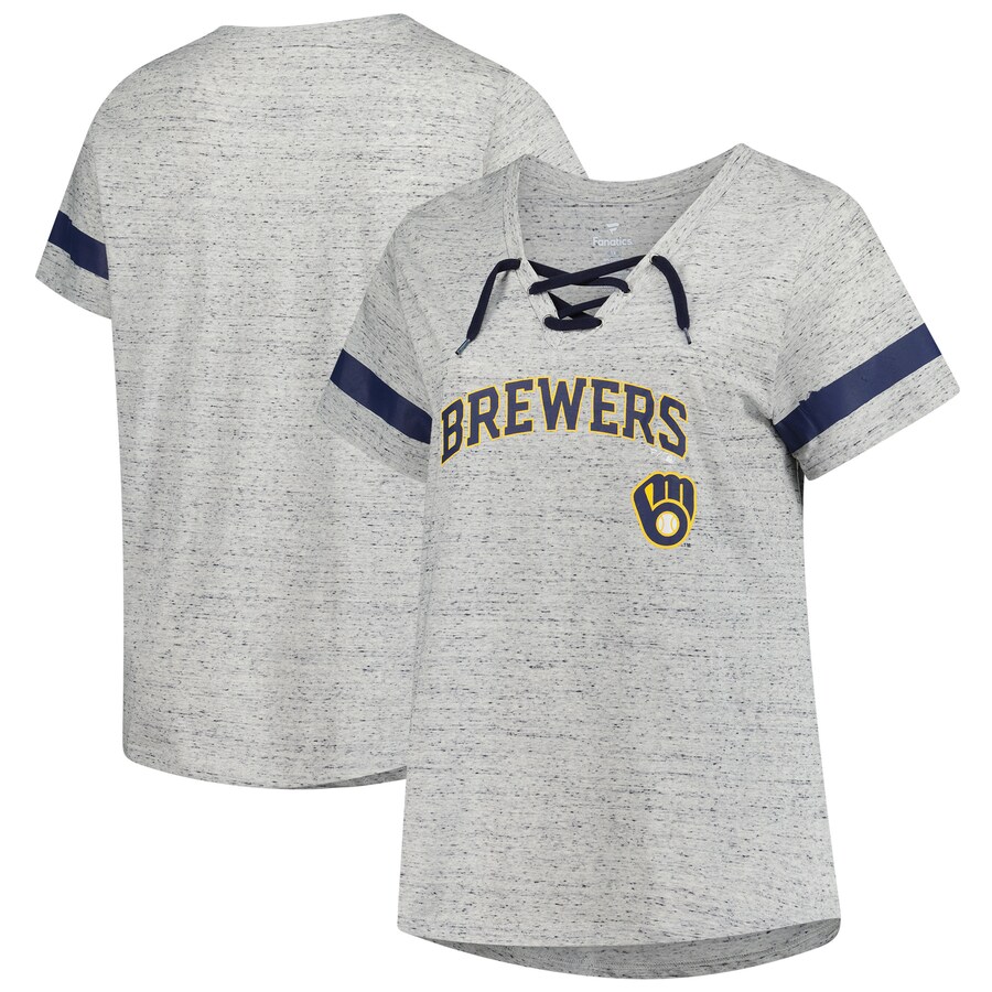 Women's Milwaukee Brewers Profile Heather Gray Raglan Lace-Up Fleck T-Shirt - Puhuasuan