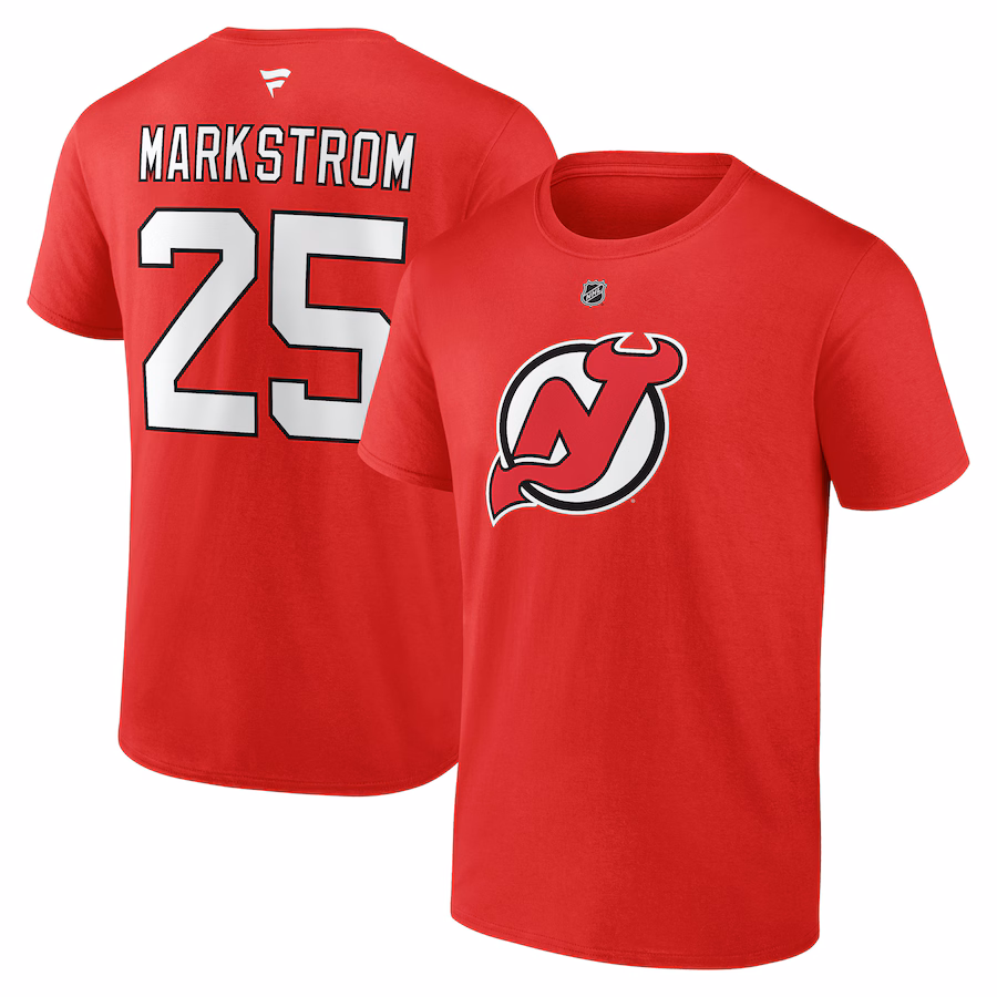 Men's New Jersey Devils Jacob Markstrom Fanatics Red Authentic Stack Name & Number T-Shirt - Puhuasuan