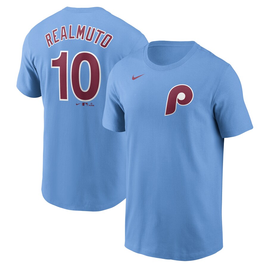 Men's Philadelphia Phillies J.T. Realmuto Nike Light Blue Fuse Name & Number T-Shirt - Puhuasuan