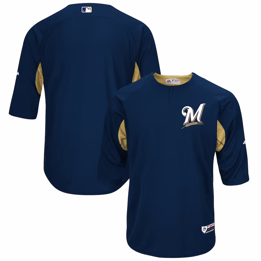 Men's Milwaukee Brewers Majestic Navy/Gold Authentic Collection On-Field 3/4-Sleeve Batting Practice Jersey - Puhuasuan