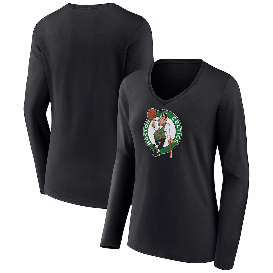 Women's Boston Celtics Black Primary Logo Long Sleeve V-Neck T-Shirt - Puhuasuan