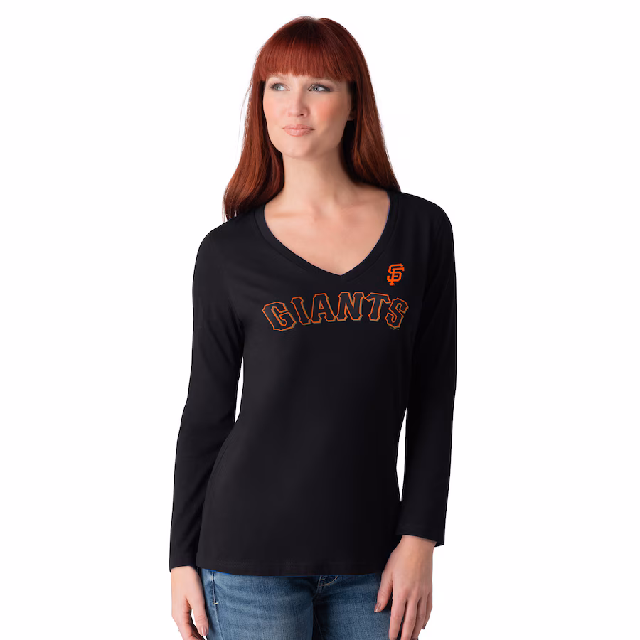 Women's San Francisco Giants G-III 4Her by Carl Banks Black Post Season Long Sleeve V-Neck T-Shirt - Puhuasuan