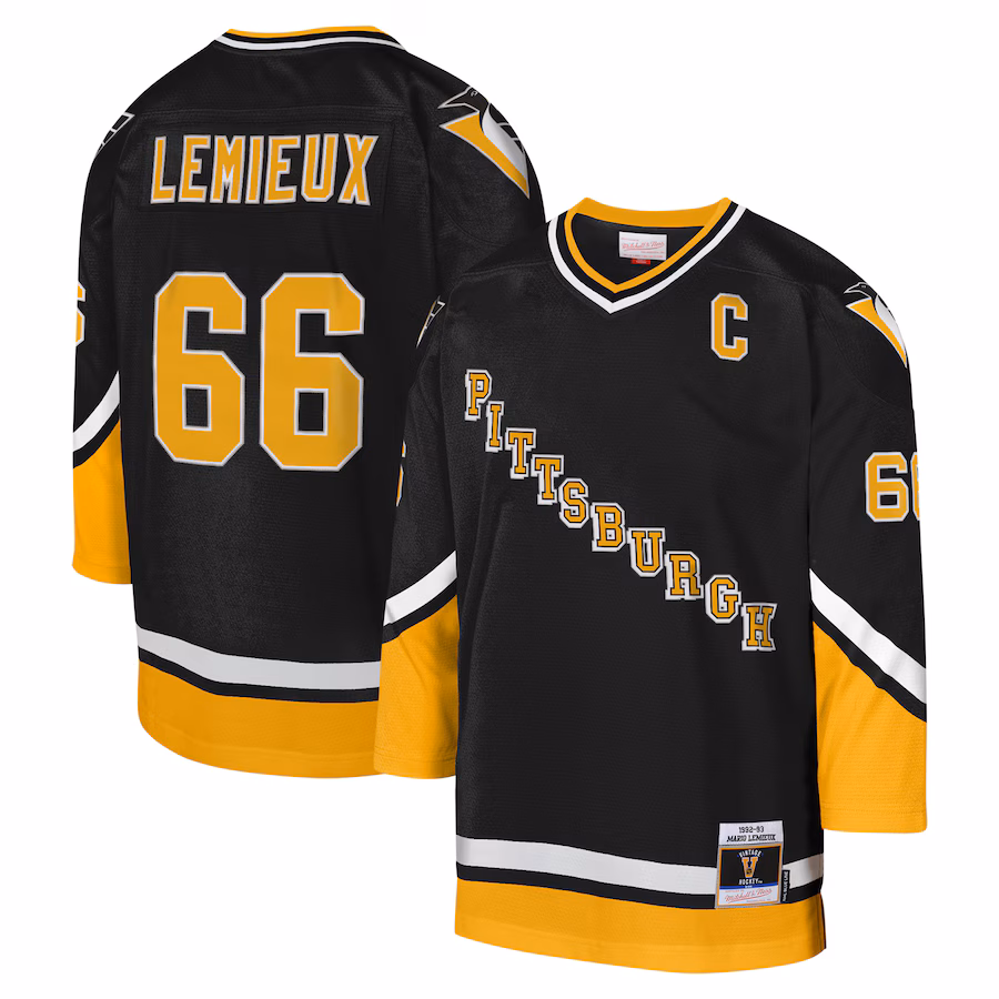 Youth Pittsburgh Penguins Mario Lemieux Mitchell & Ness Black 1992-93 Blue Line Captain Patch Player Jersey - Puhuasuan