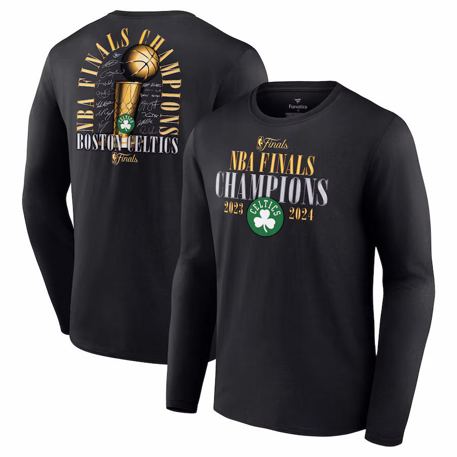 Men's Boston Celtics Fanatics Black 2024 NBA Finals Champions Fade Away Jumper Roster Signature Long Sleeve T-Shirt - Puhuasuan