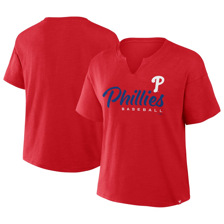 Women's Philadelphia Phillies Profile Red Plus Size Wordmark Notch Neck T-Shirt - Puhuasuan