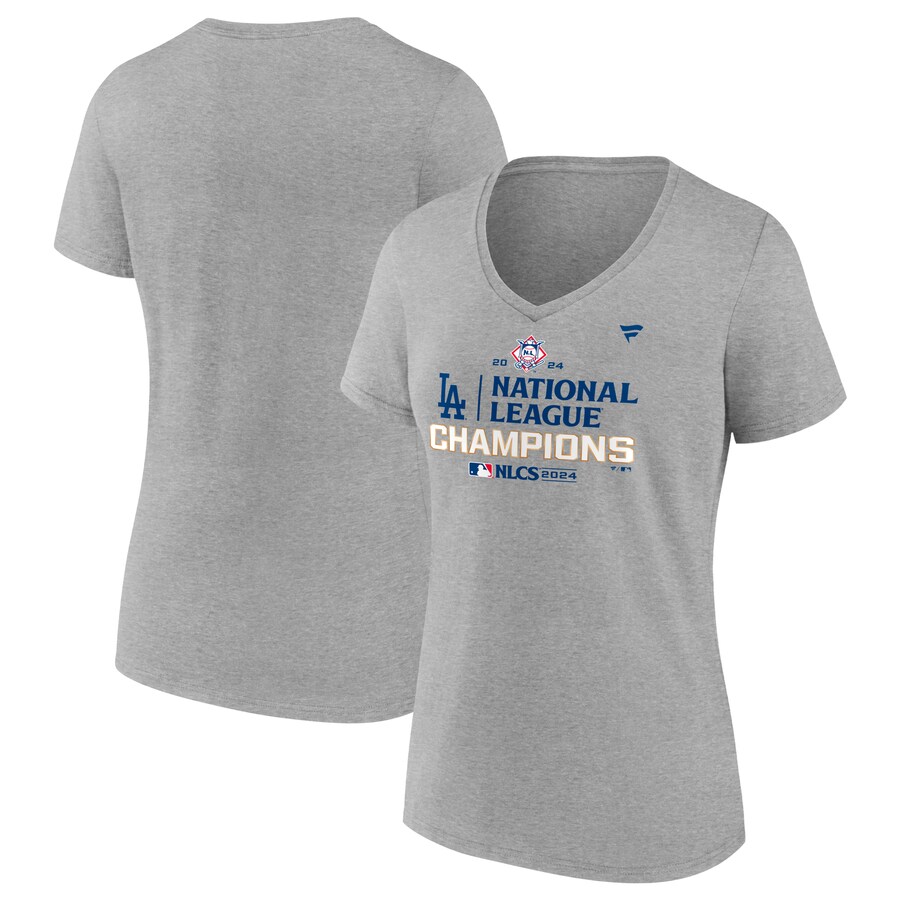 Women's Los Angeles Dodgers Fanatics Heather Gray 2024 National League Champions Locker Room V-Neck T-Shirt - Puhuasuan